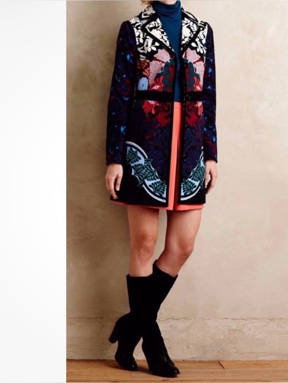 Anthropologie Navy Floral Embroidered Coat with Coral Accents